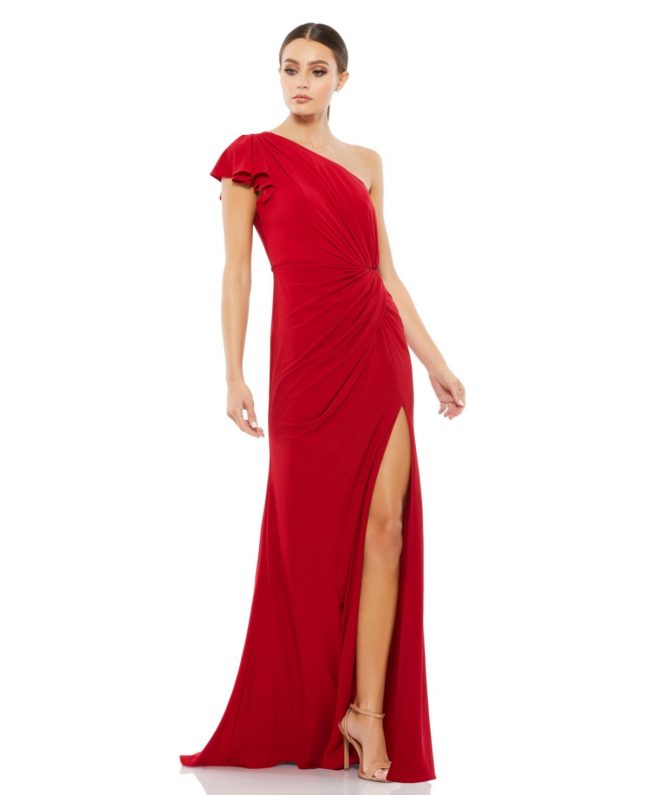 Women's Ruffled One Shoulder Draped Gown - Red