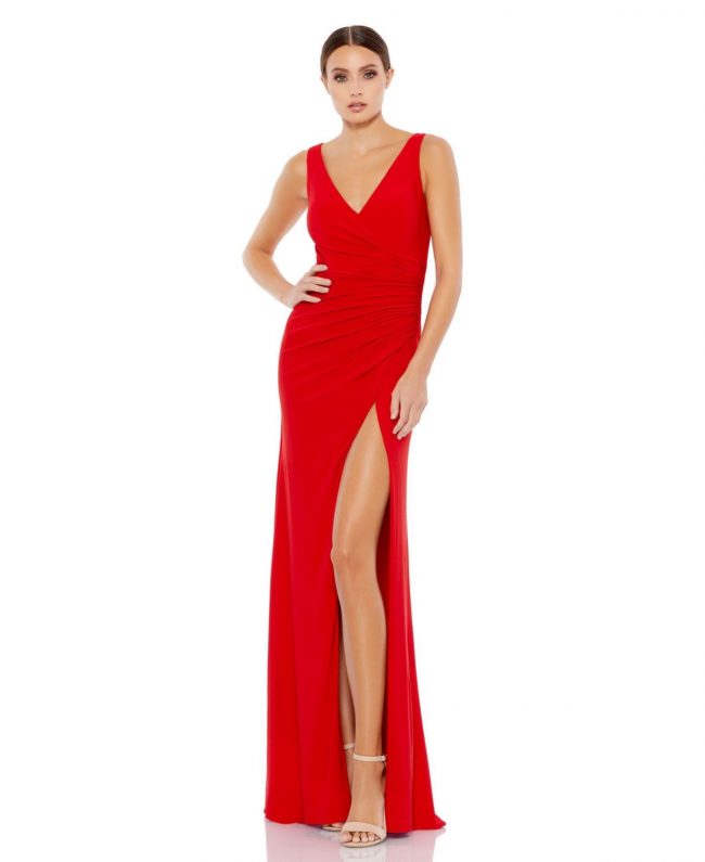 Women's Sequin Gown with Embellished Hemline and Belt - Red