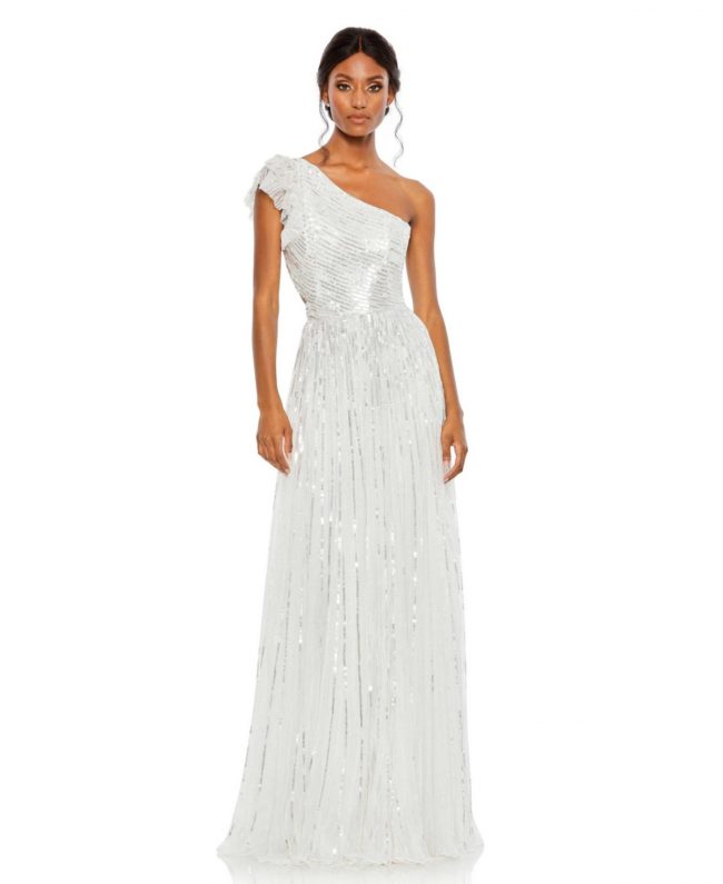 Women's Sequined One Shoulder Flutter Sleeve A Line Gown - White