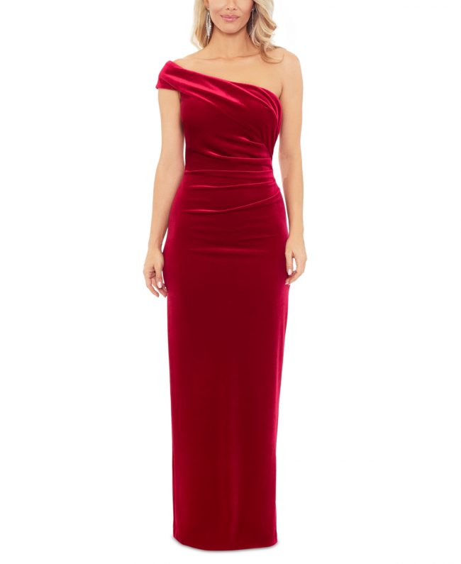 Xscape Women's One-Shoulder Ruched Velvet Gown - Red