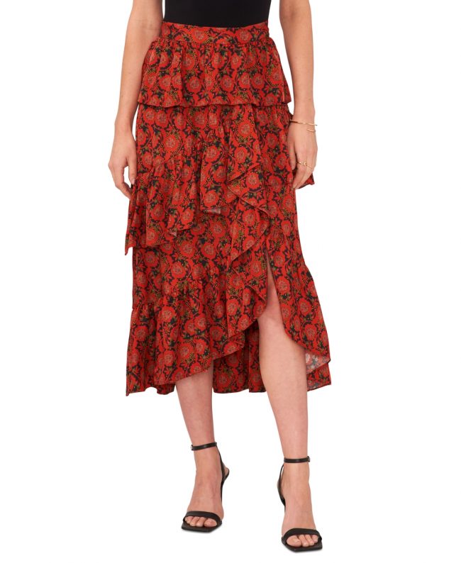 1.state Women's Cascade Ruffle Midi Skirt - Studio Red