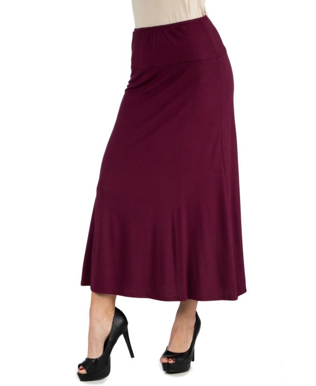 24Seven Comfort Apparel Women Elastic Waist Solid Color Maxi Skirt - Wine