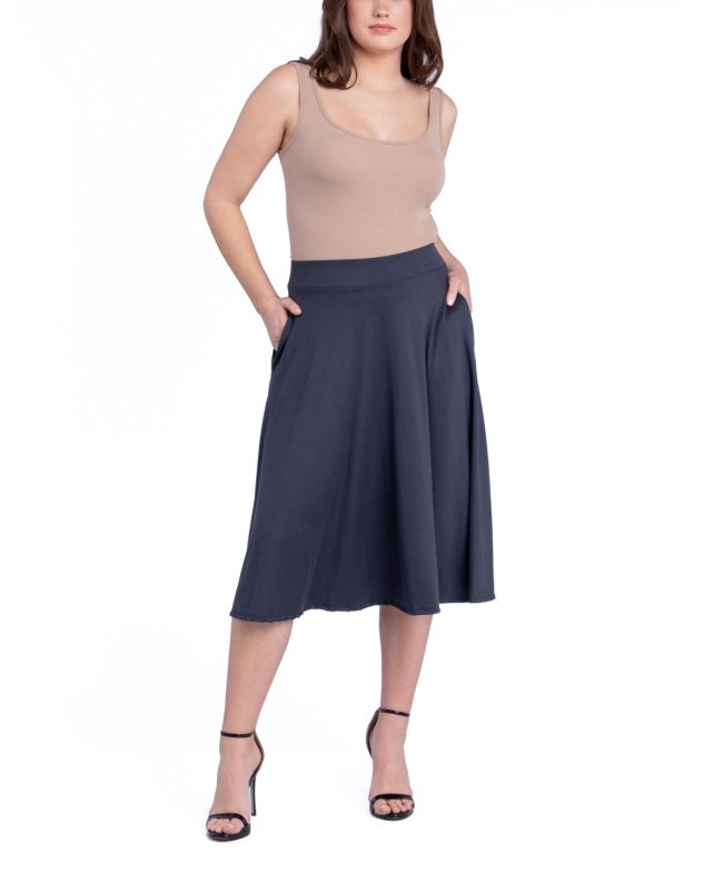 24Seven Comfort Apparel Women's Elastic Waistband Pocket Midi Skirt - Gray