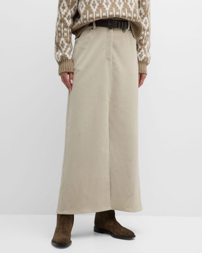 5-Pocket Slit-Hem Cotton Corduroy Midi Skirt