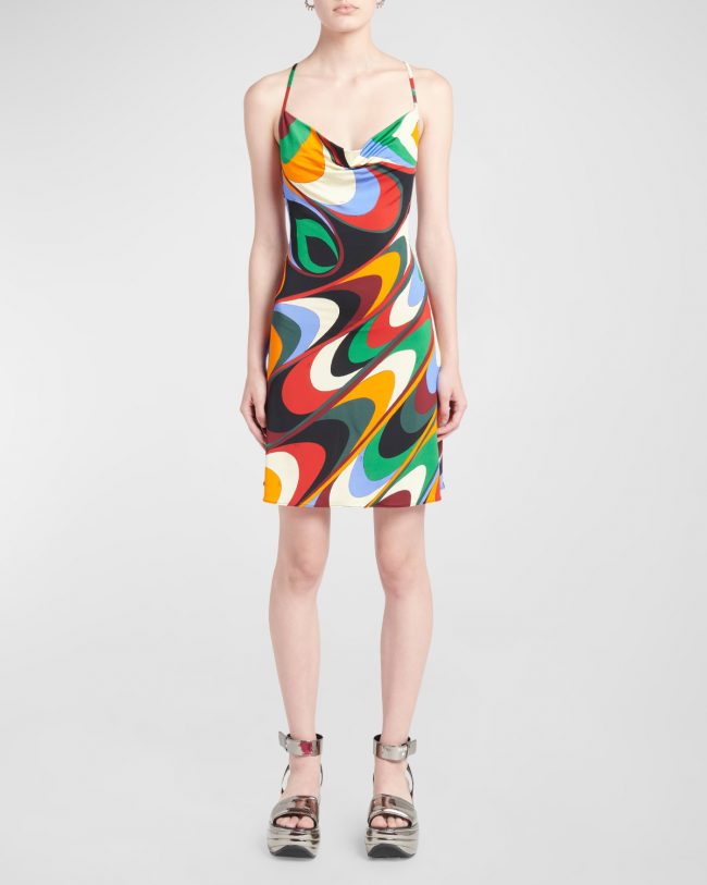 Abstract-Print Cowl-Neck Open-Back Mini Dress