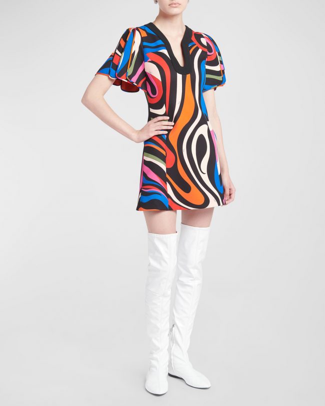 Abstract-Print Puff-Sleeve Mini Dress