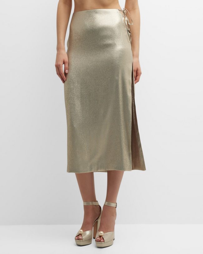 Ale Metallic Lace-Up Side-Slit Midi Skirt