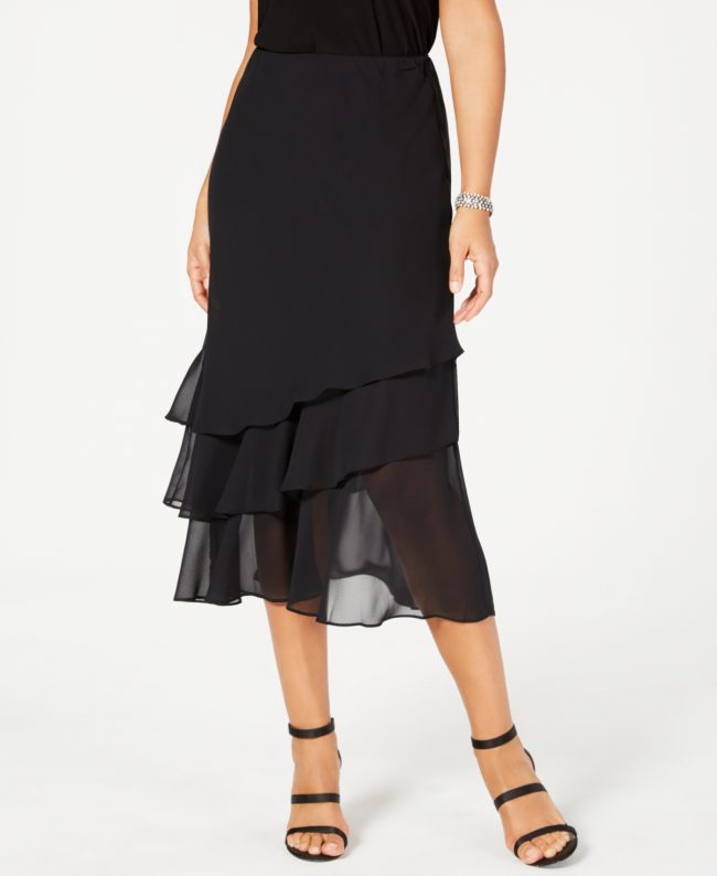 Alex Evenings Skirt, Tiered Chiffon Midi - Black