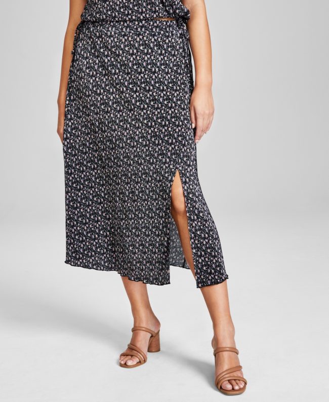 And Now This Women's Floral Print Plisse Midi Skirt, Created for Macy's - Black Floral