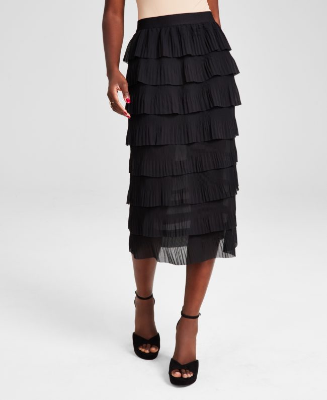 And Now This Women's Tiered Pull-On Midi Skirt, Created for Macy's - Black