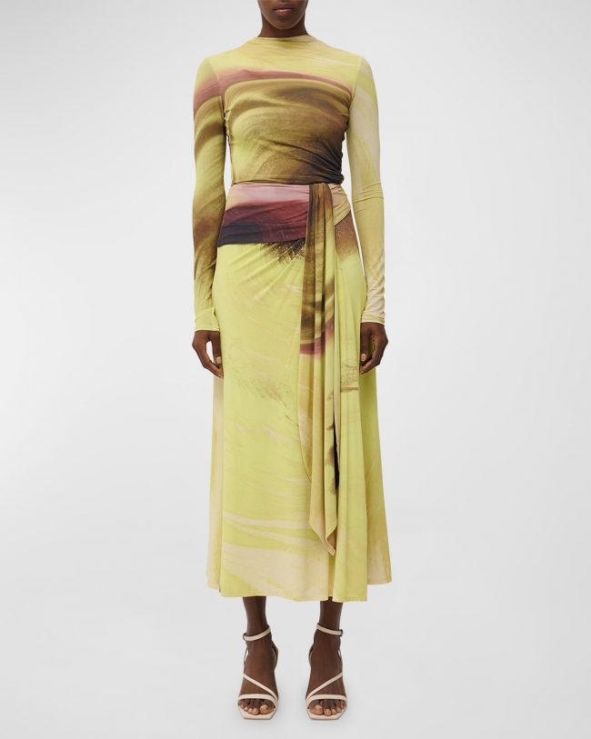 Anika Draped Abstract-Print Midi Skirt