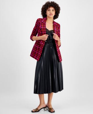 Avec Les Filles Womens Houndstooth Tweed Blazer Faux Leather Pleated Midi Skirt