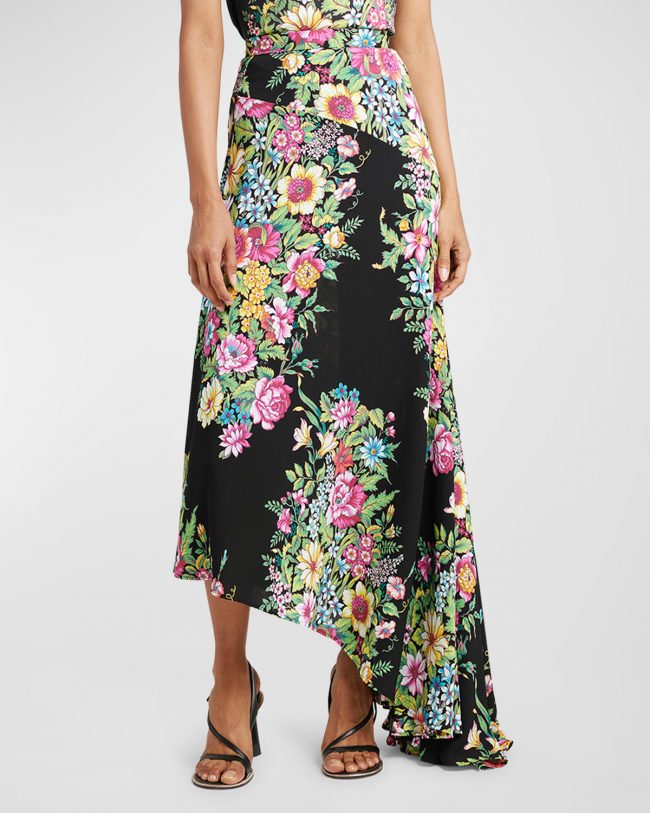 Bouquet Floral-Print Asymmetric Godet Midi Skirt