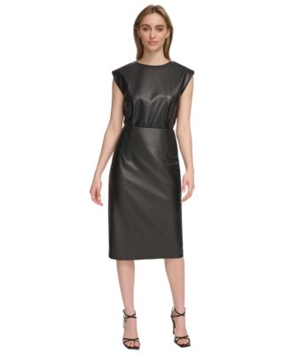 Calvin Klein Womens Faux Leather Cap Sleeve Top Midi Skirt