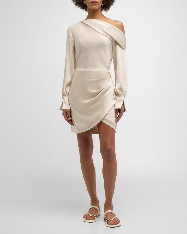 Cameron One-Shoulder Wrap-Skirt Satin Mini Dress