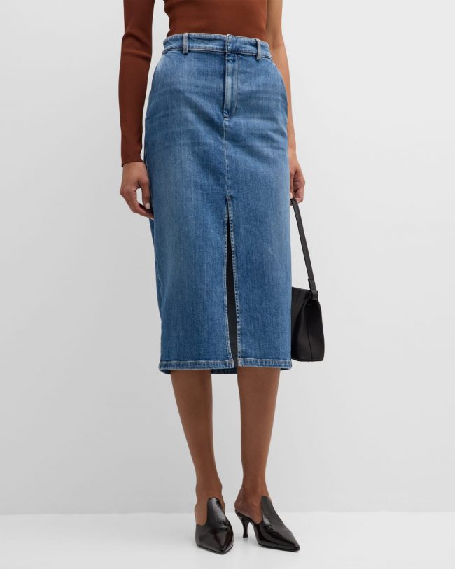 Cast Front-Slit Straight Denim Midi Skirt