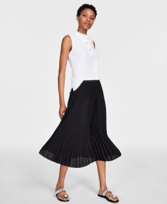 Cece Womens Sleeveless Rhinestone Embellished Blouse Elastic Waist Pleated Pull On Midi Skirt