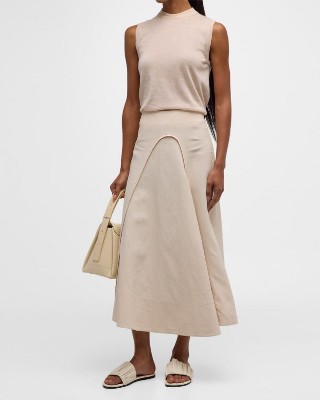 Curved-Seam A-Line Linen Midi Skirt