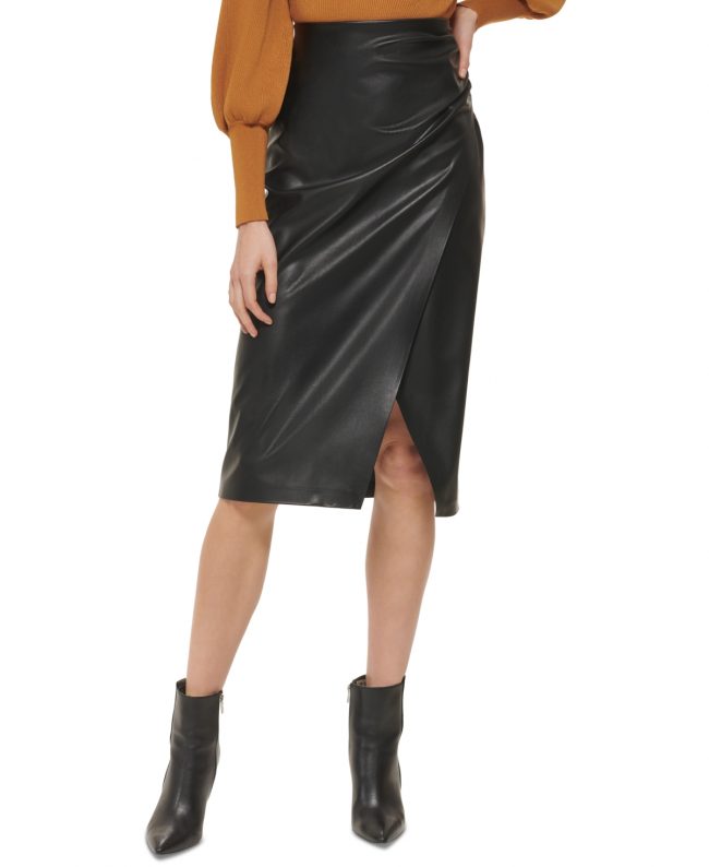 Dkny Women's Faux-Leather Ruched-Side Midi Skirt - Black