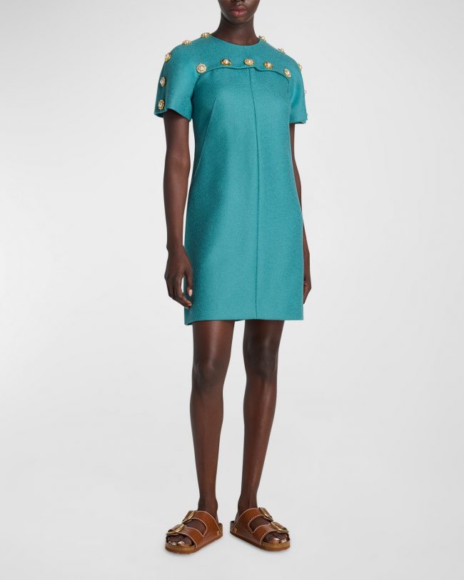 Embellished Short-Sleeve Textured Wool Mini Dress