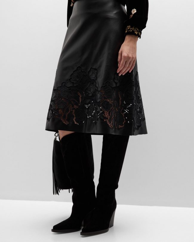 Enid Cutwork Lace Vegan Leather Midi Skirt