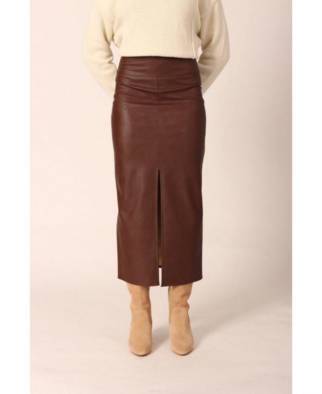 Faux Leather Midi Skirt With Slit - Chocolate