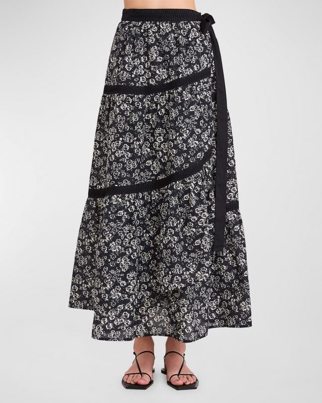 Floral-Print Pleated-Trim A-Line Maxi Skirt