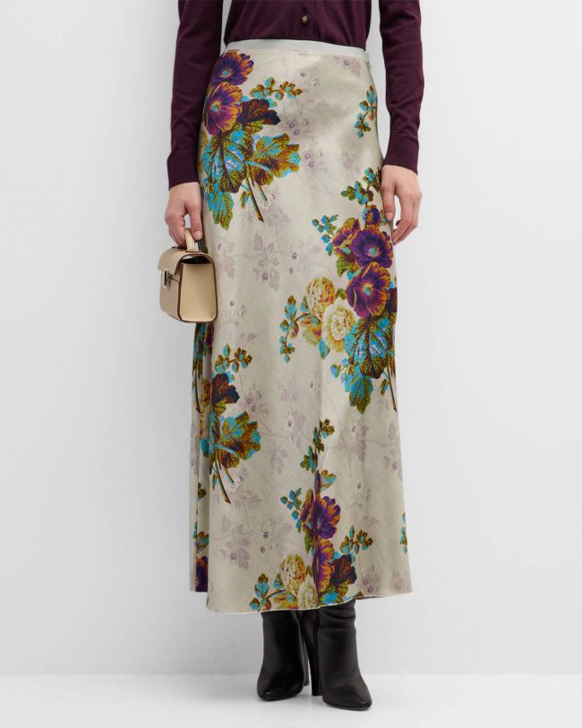 Floral-Print Satin Midi Skirt