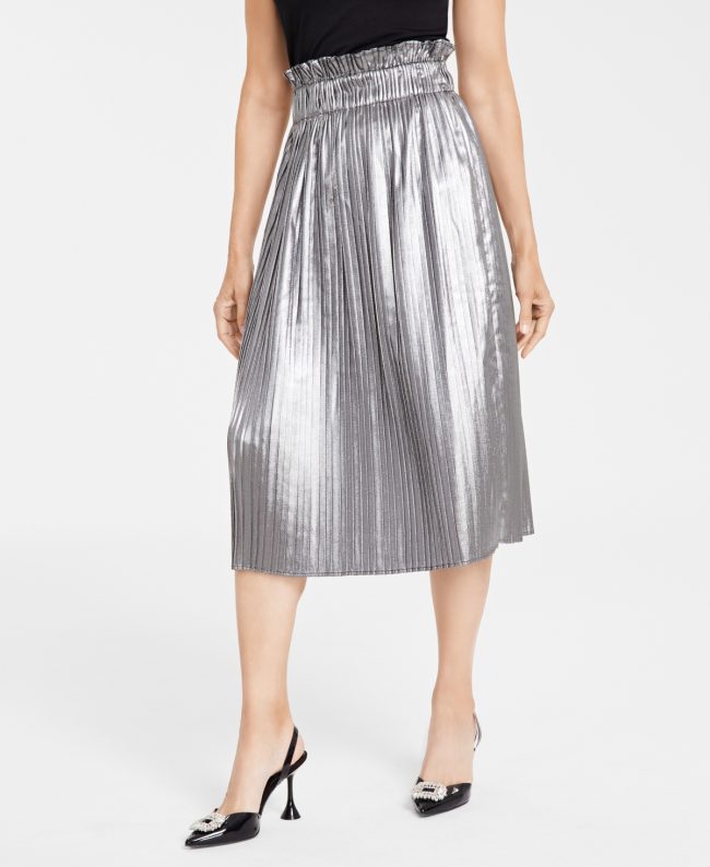 I.n.c. International Concepts Women's Pull-On Metallic Midi Skirt, Created for Macy's - Silver