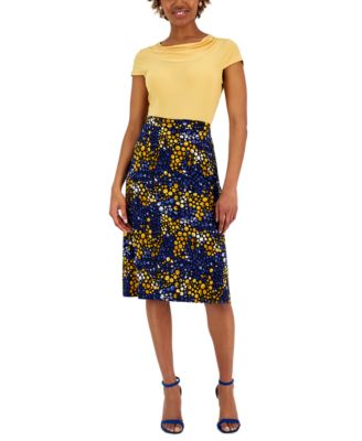 Kasper Womens Cowl Neck Top Printed Midi Skirt