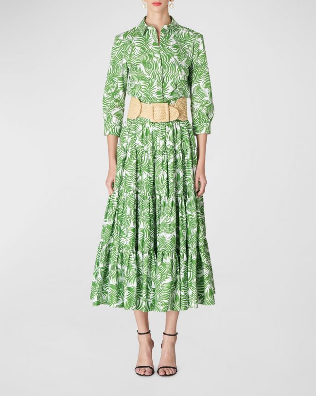Leaves-Print Tiered Midi Skirt