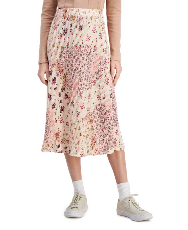 Love, Fire Women's Pleated Elasticized-Waist Midi Skirt - Ivory Floral