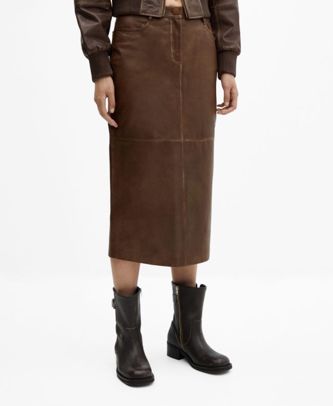 Mango Women's Leather Midi Skirt - Brown