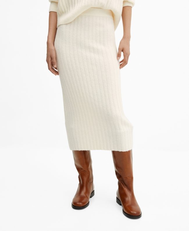Mango Women's Thick Knitted Midi Skirt - Ecru
