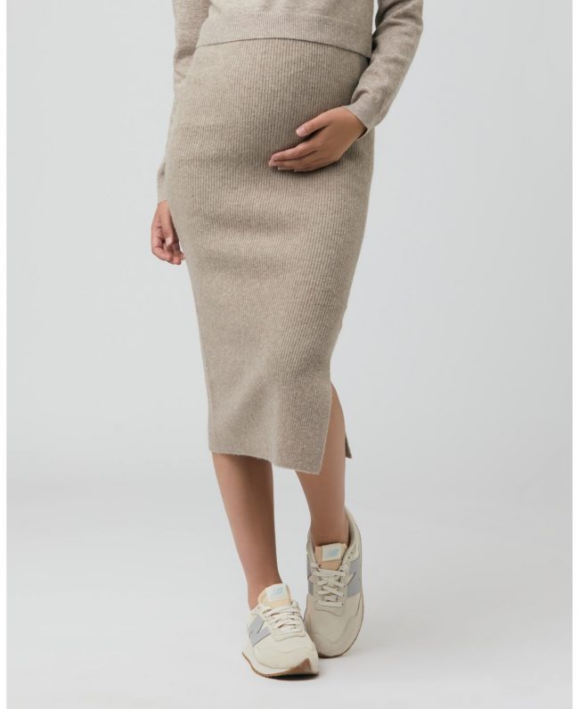 Maternity Dani Knit Midi Skirt with Split Latte - Latte