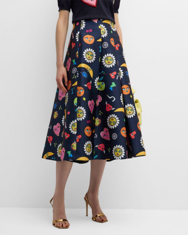 Mixed Emoji Inverted Pleated Midi Skirt
