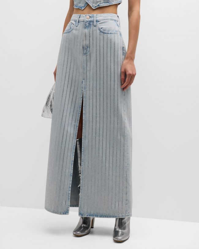 Ms. Sofiane Metallic-Stripe Denim Maxi Skirt
