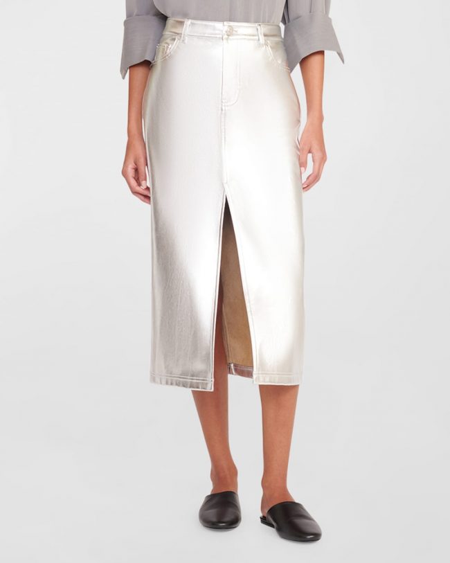 Oaklyn Metallic Denim-Style Midi Skirt