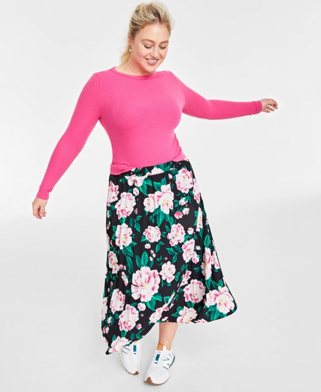 On 34th Women's Floral-Print Pleated Midi Skirt, Created for Macy's - Deep Black Combo