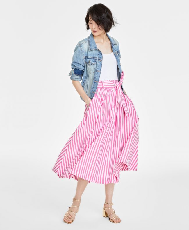On 34th Women's Striped Belted Midi Skirt, Created for Macy's - Fuchsia Combo
