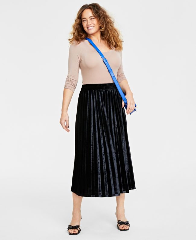 On 34th Women's Velvet Pleated Midi Skirt, Created for Macy's - Deep Black