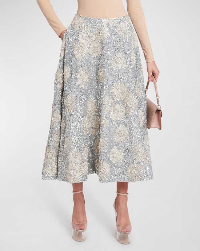 Organza Embellished Midi Skirt with Floral Embroidery