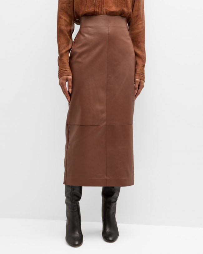 Paneled Leather Midi Pencil Skirt