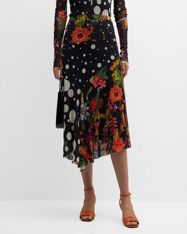 Polka Dot & Floral-Print Tulle Midi Skirt