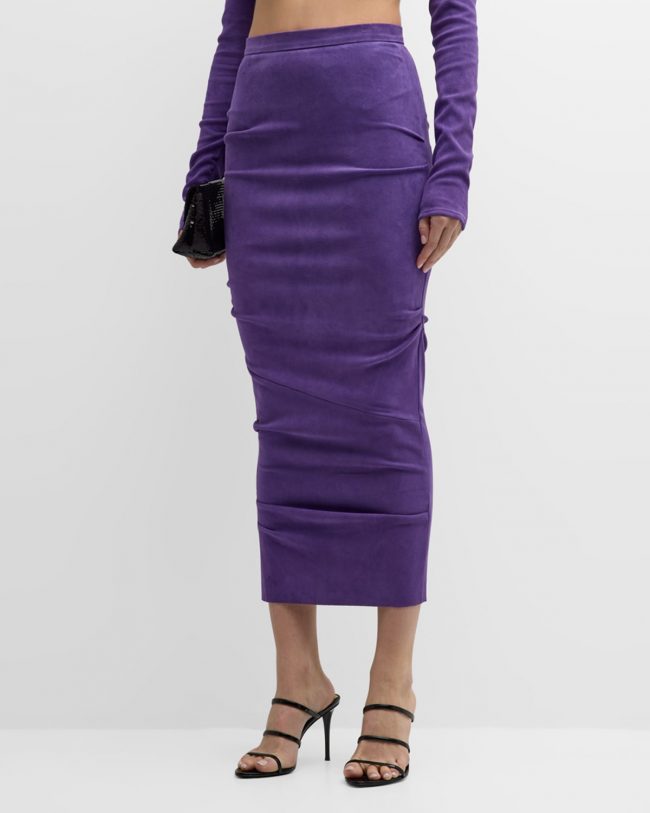 Ruched Suede Midi Pencil Skirt