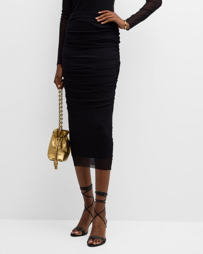 Ruched Tulle Pencil Midi Skirt