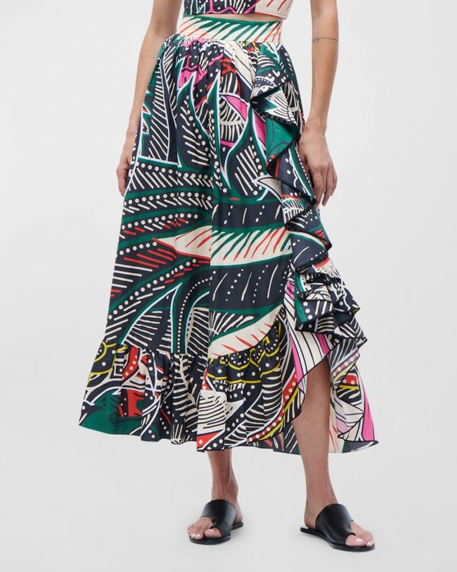 Samira Abstract-Print Ruffle Slit Hem Maxi Skirt