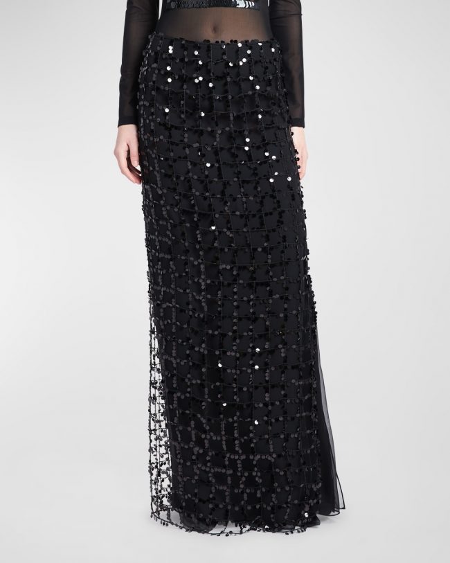 Sequin Check Embroidered Silk Maxi Skirt