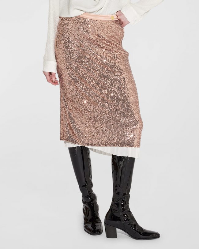 Sequin Pleated-Hem Midi Skirt