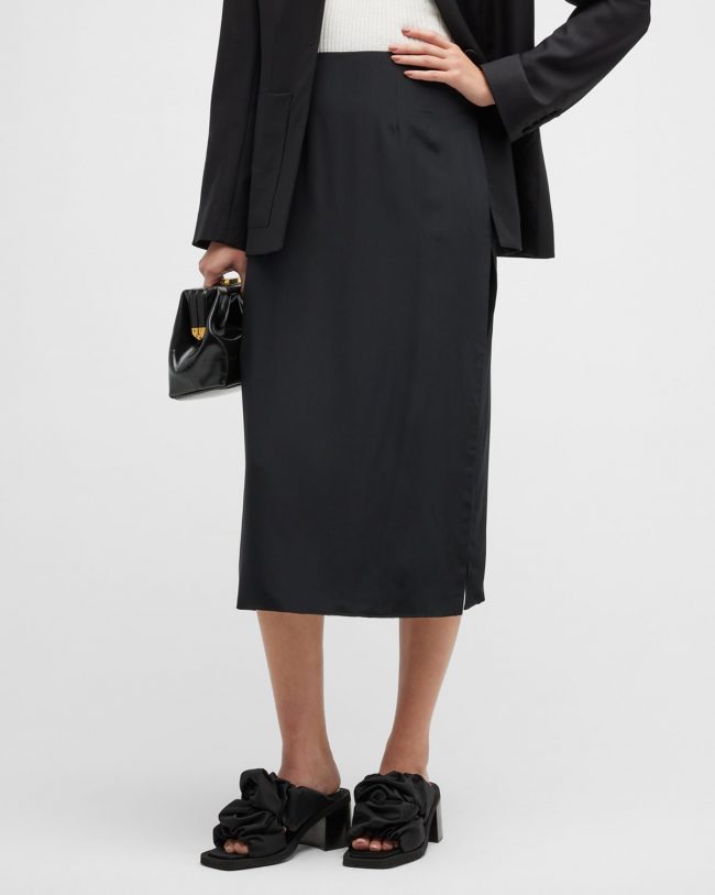Side-Slit Crepe A-Line Midi Skirt